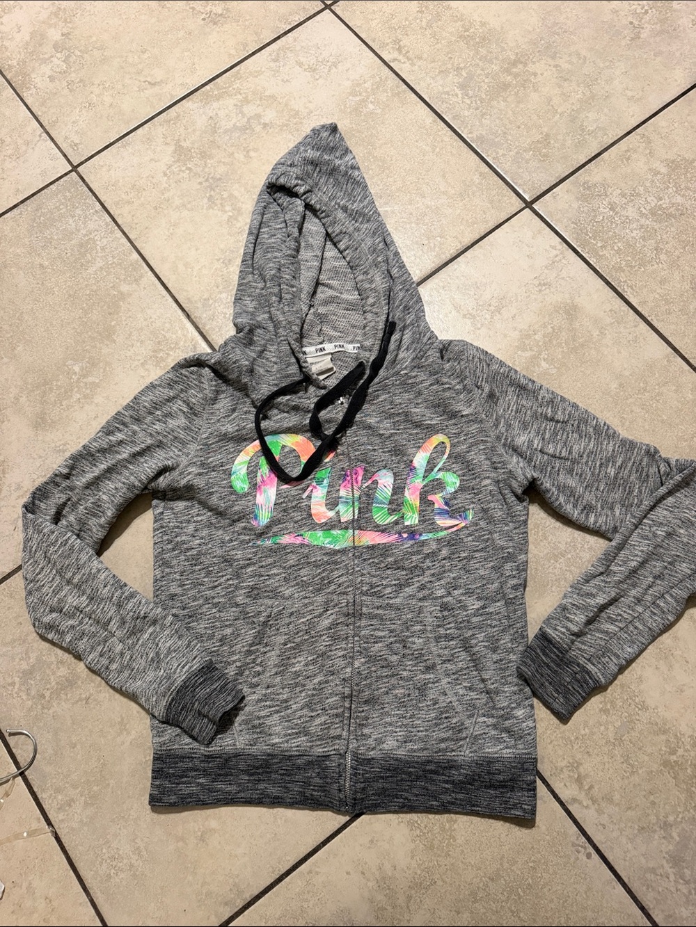 PINK Victoria's Secret Gray Hoodie with Multicolor Script Logo